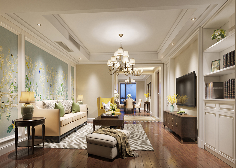 御园125平美式风格客厅3d效果图制作