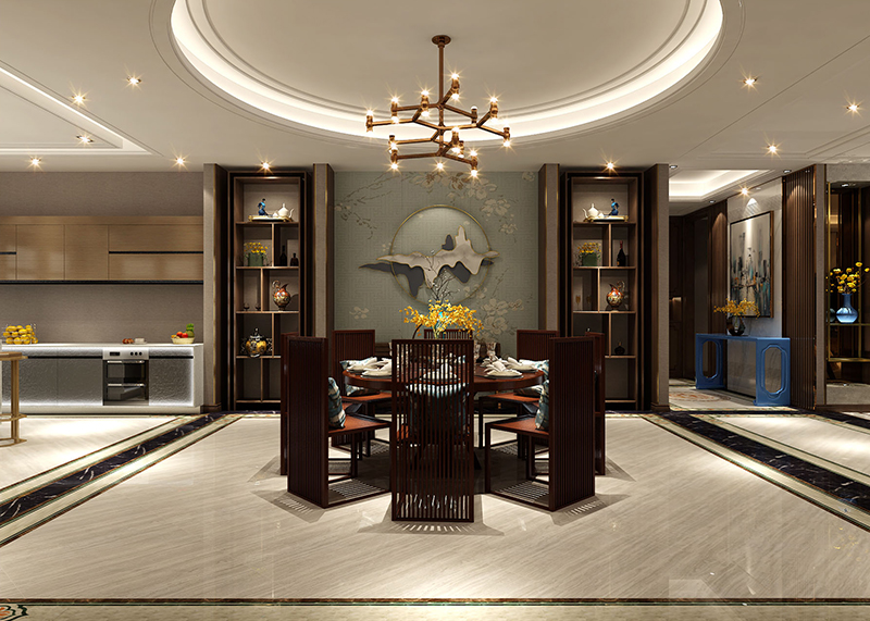 外滩楼王新中式风格客厅3d效果图 270平