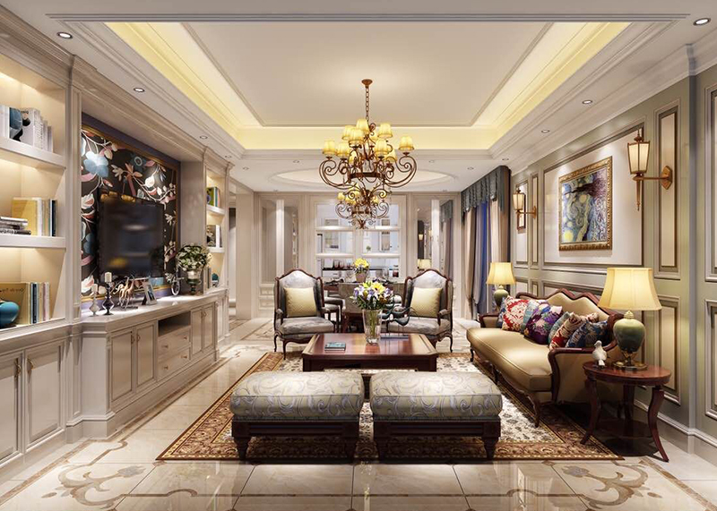 湖海塘庄园简欧客厅3d效果图制作 180平