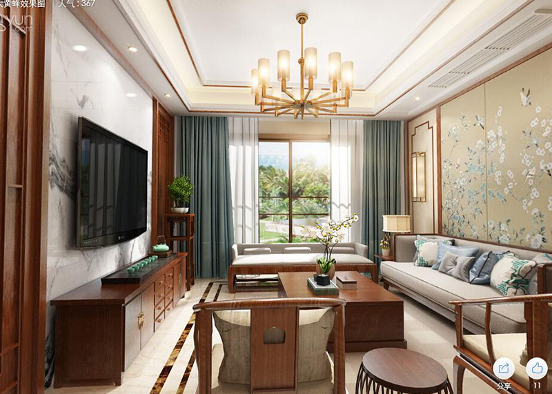 湖海塘庄园140平中式家装客厅3d效果设计图