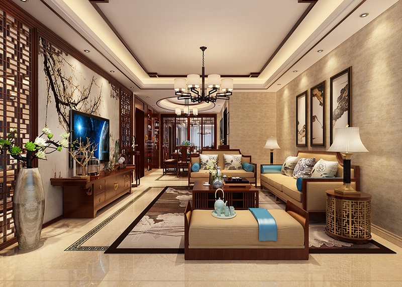 横店南江新中式家装客厅3d效果设计图 120平