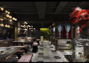 新中式餐厅内部装修3d设计方案图